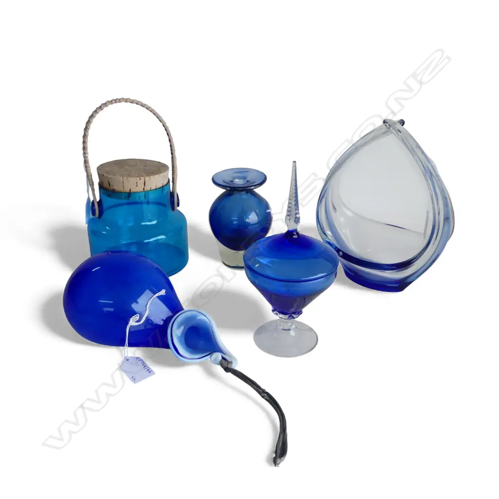 5PCS BLUE STUDIO GLASS WALL POCKET H200MM BOWL H230 LIDDED BOWL H190 JAR & VASE Image 1++