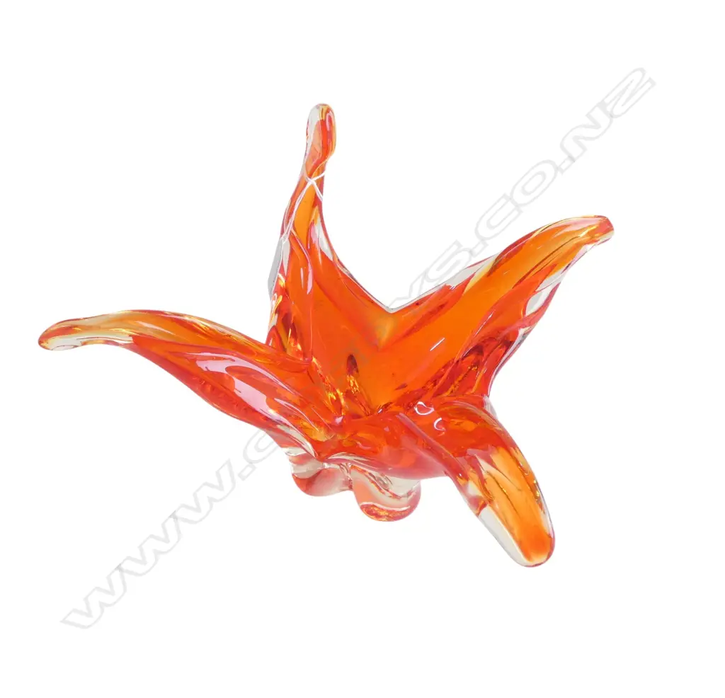 VINTAGE MURANO GLASS BOWL - RED ORANGE & CLEAR 4 pronged. W.28mm Image 1++