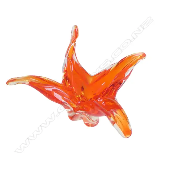 VINTAGE MURANO GLASS BOWL - RED ORANGE & CLEAR 4 pronged. W.28mm