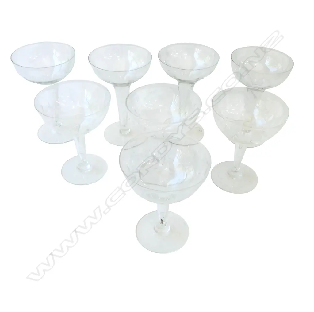 EIGHT VINTAGE HOLLOW STEM ETCHED CHAMPAGNE GLASSES 4+4, H.125MM,H.140MM Image 1++