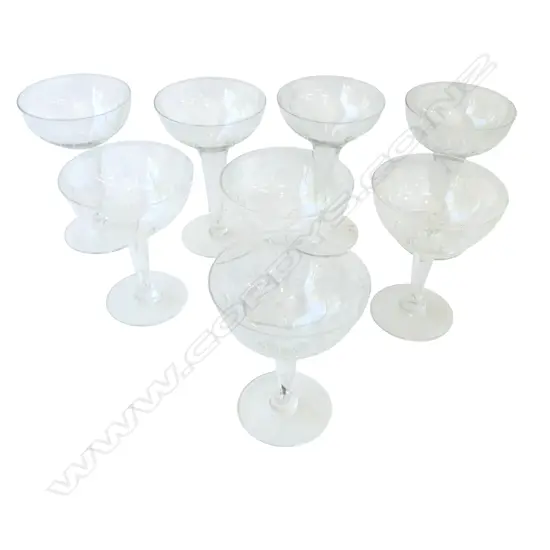 EIGHT VINTAGE HOLLOW STEM ETCHED CHAMPAGNE GLASSES 4+4, H.125MM,H.140MM