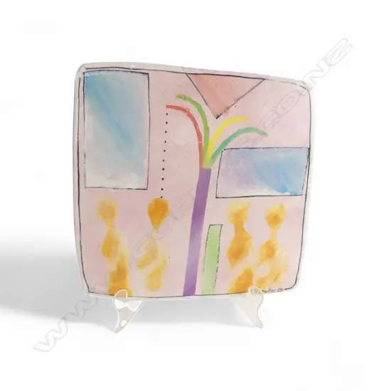 CHRISTINE THACKER FIGURES IN AN INTERIOR 1985 PAINTED AND GLAZED CERAMIC 215 X 210mm (Chip to top left corner)