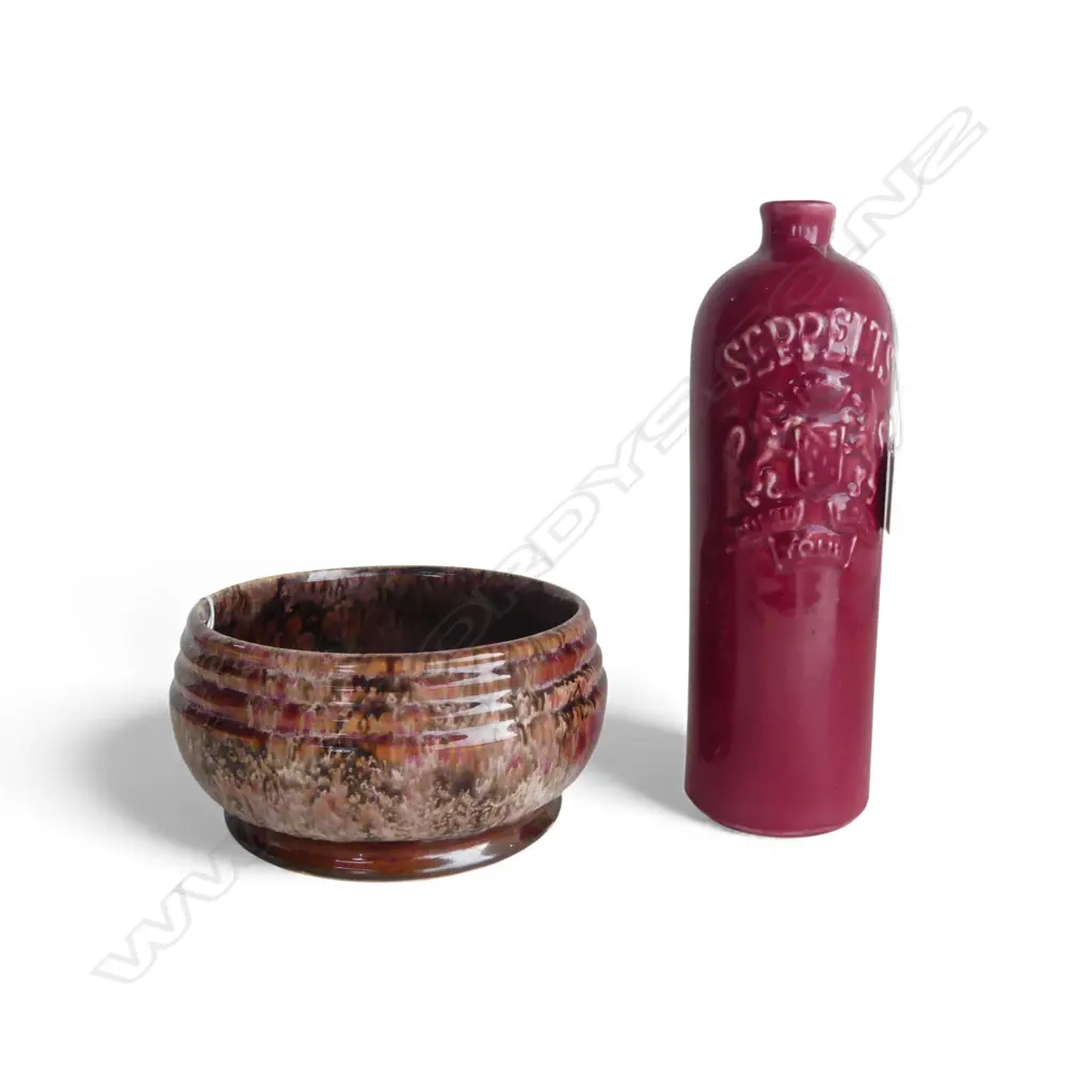 EARLY CROWN LYNN/AMBRICO BOWL No.52 strawberry shortcake glaze Dia.180mm + CROWN LYNN 'SEPPALTS' WINE BOTTLE H.250mm Image 1++