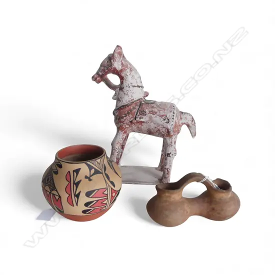 CHINESE TANG STYLE HORSEH280MM &2 S/AMERICAN POTTERY VESSELS, H110mm