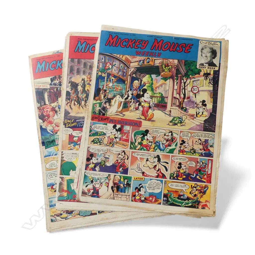 NINE 1951 VINTAGE ‘MICKEY MOUSE WEEKLY’ COMICS, L.360MM Image 1++