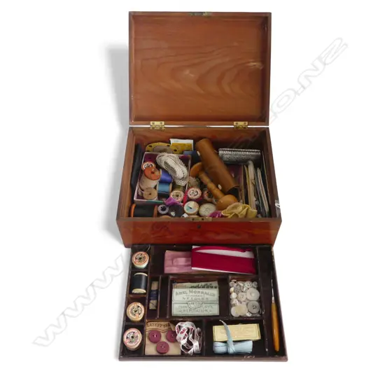 VINTAGE POLISHED PINE  LINED SEWING BOX & CONTENTS L310MM
