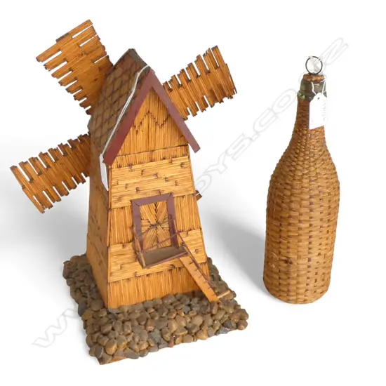 FOLK ART MATCHSTICK WINDMILL H330MM & VINTAGE WICKER BOTTLE H270MM