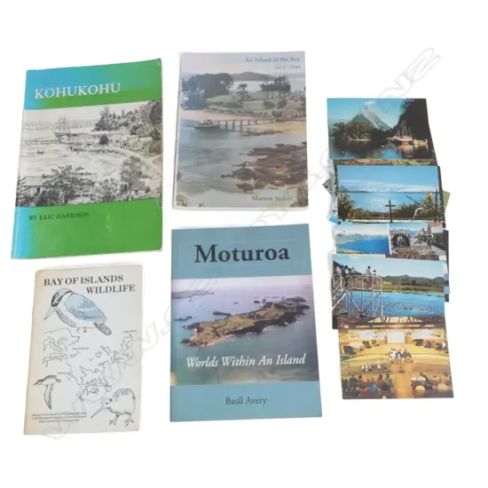 3 BOOKS; 2 MOTUROA ISLAND, 1 KOHUKOHU + BAY OF ISLANDS WILDLIFE BOOKLEY & ASST. POSTCARDS