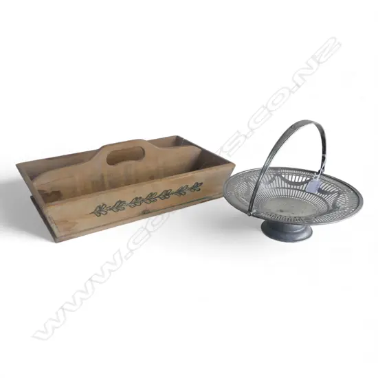VINTAGE WOODEN CUTLERY TRAY + SILVER PLATE FRUIT PEDASTAL BOWL