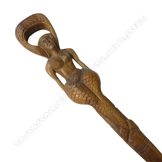 SCULPTED WOODEN CANE WITH MERMAID