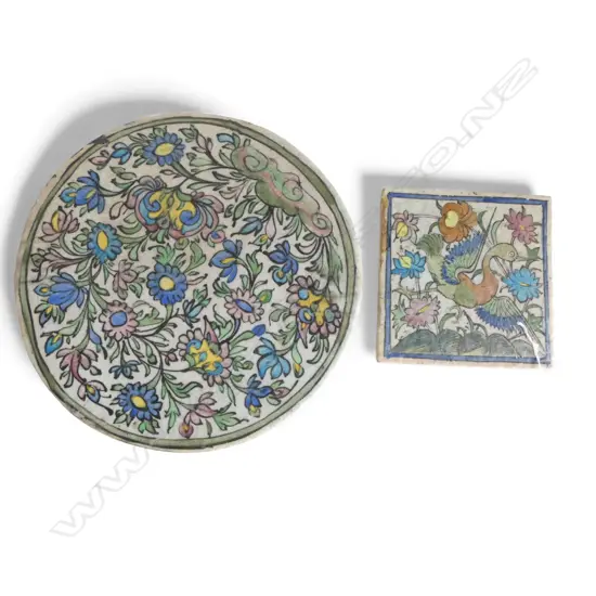 2 HAND DECORATED TILES; 370mm dia / 195x195mm