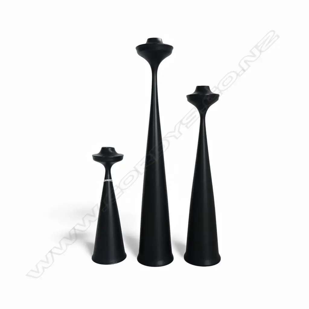 3 PCES EBONISED TURNED WOODEN CANDLESTICKS - MADE IN SWEDEN H.400mm Image 1++