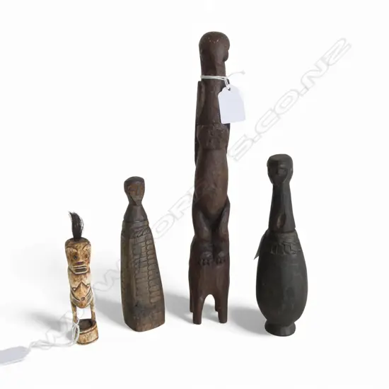 4 ETHNIC CARVED FIGURAL PCS, 2 AS STORAGE VESSELS, Heights:110-300mm