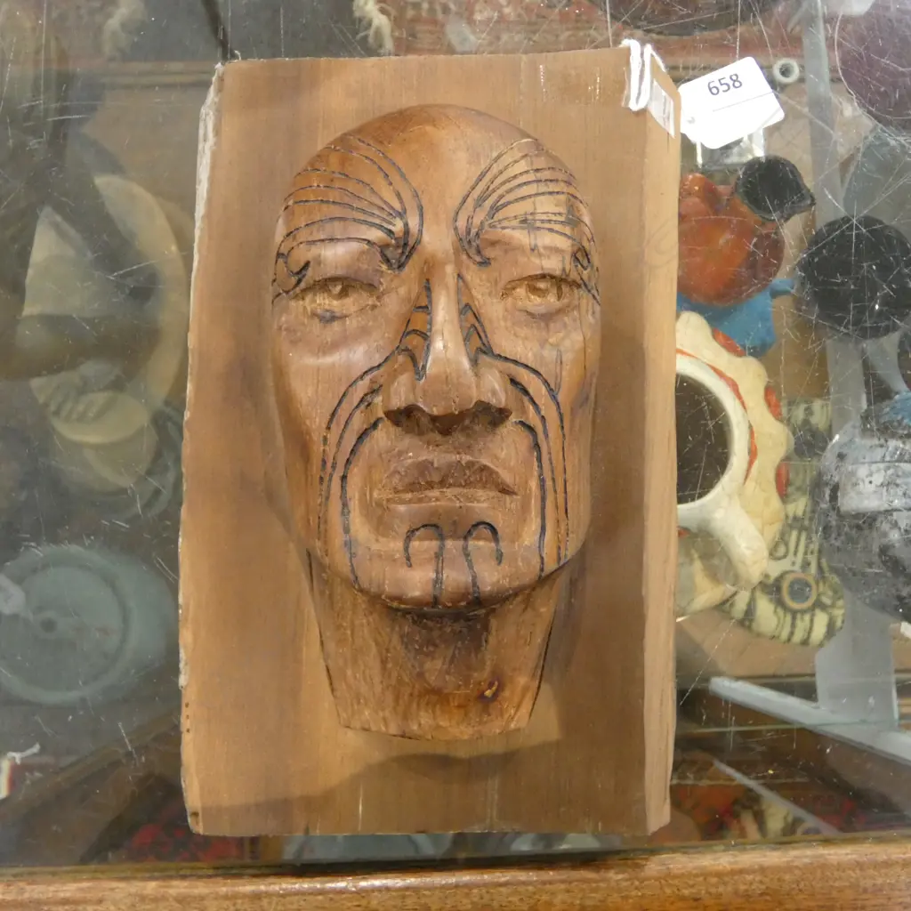 CARVED WOODEN MAORI TATTOOED FACE H.230mm Image 1++