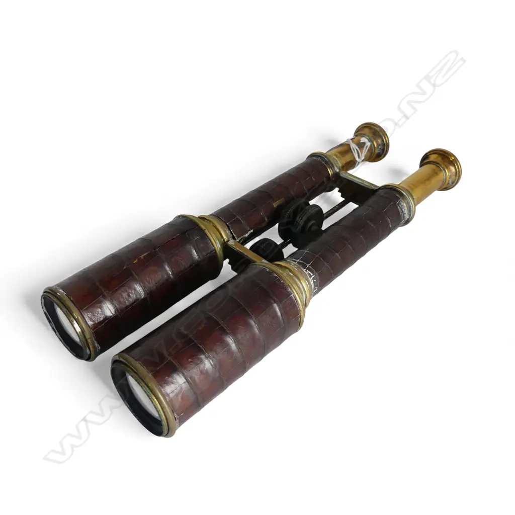 Pair of c.1900 brass binoculars with crocodile skin coverings twin wheel adjustment. L.280mm extended Image 1++
