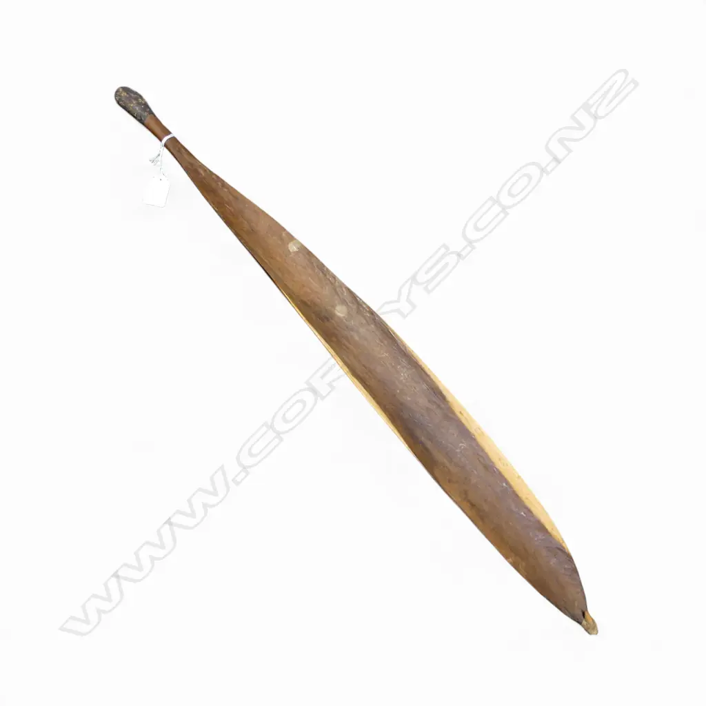 OLD ABORIGINAL WOOMERA (spear thrower) probably mulga wood. Curved form. Resin encrusted end. L.780mm Image 1++