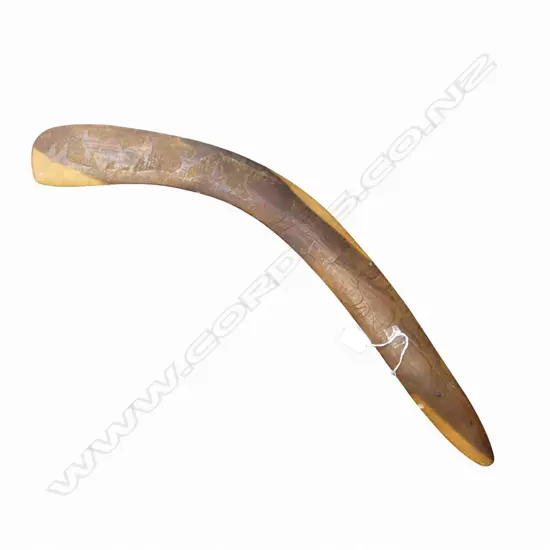 OLD ABORIGINAL BOOMERANG engraved carving of kangaroos & emu L.695mm. 