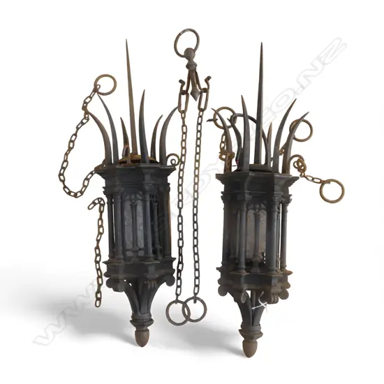 c.1900 ARTS & CRAFTS IRON GOTHIC-STYLE LAMPS, GLASS PANELS (SOME ABSENT) SPIKED ATTACHED DETAIL, H.440mm