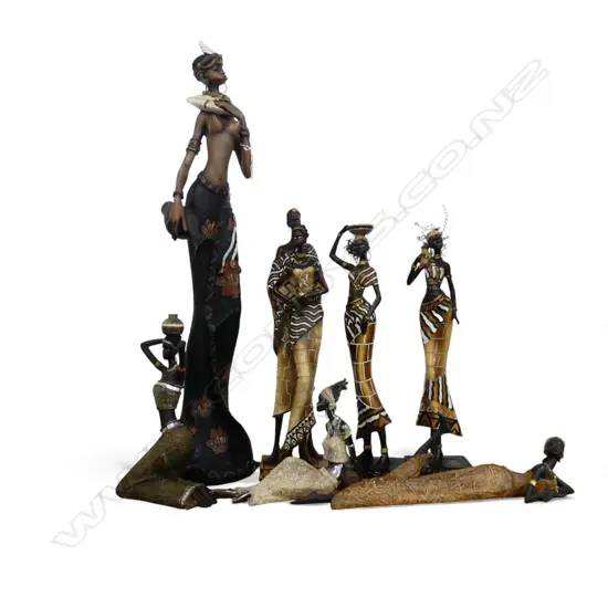 7 RESIN AFRICAN FIGURINES; TALLEST w. NECK REPAIRED H.740mm