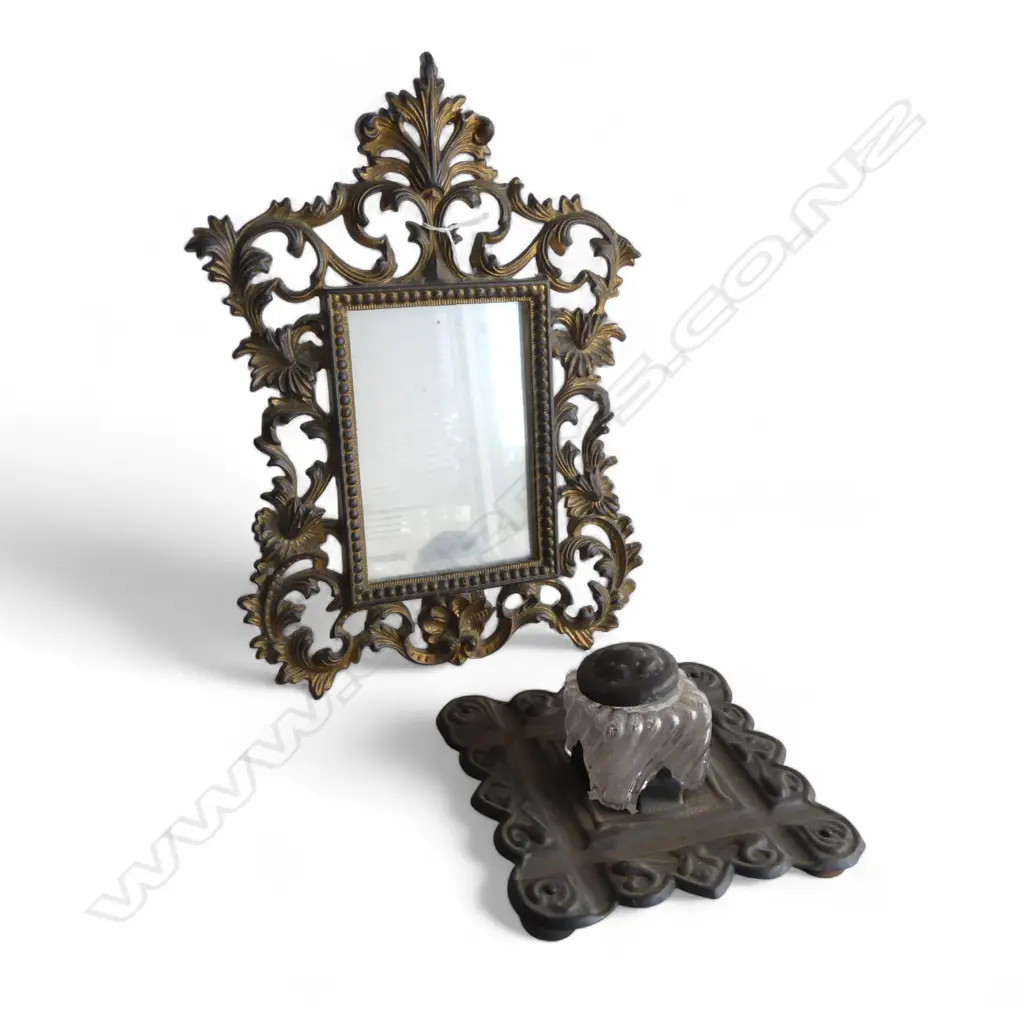 VINTAGE GILT IRON FRENCH TABLE MIRROR + INKWELL Image 1++