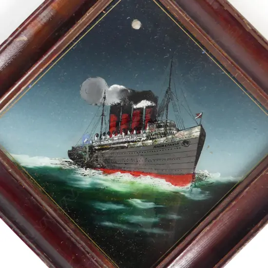 ANTIQUE FRAMED MAURETANIA SHIP HAND PAINTED ON GLASS, CUNARD LINE 300mm X 300mm