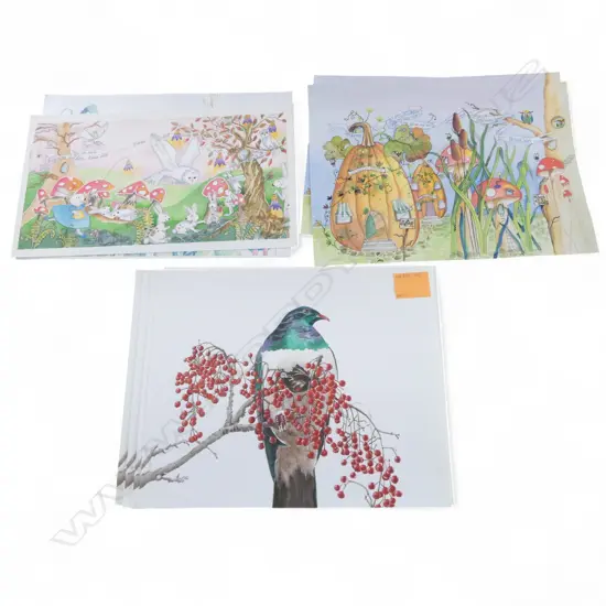 CAROLYN MCCONDACH A GROUP OF WHIMSICAL WATERCOLOURS PLUS SEVEN PRINTS OF WOOD PIDGEONS ON A BRANCH 340 X 440MM (LARGEST)