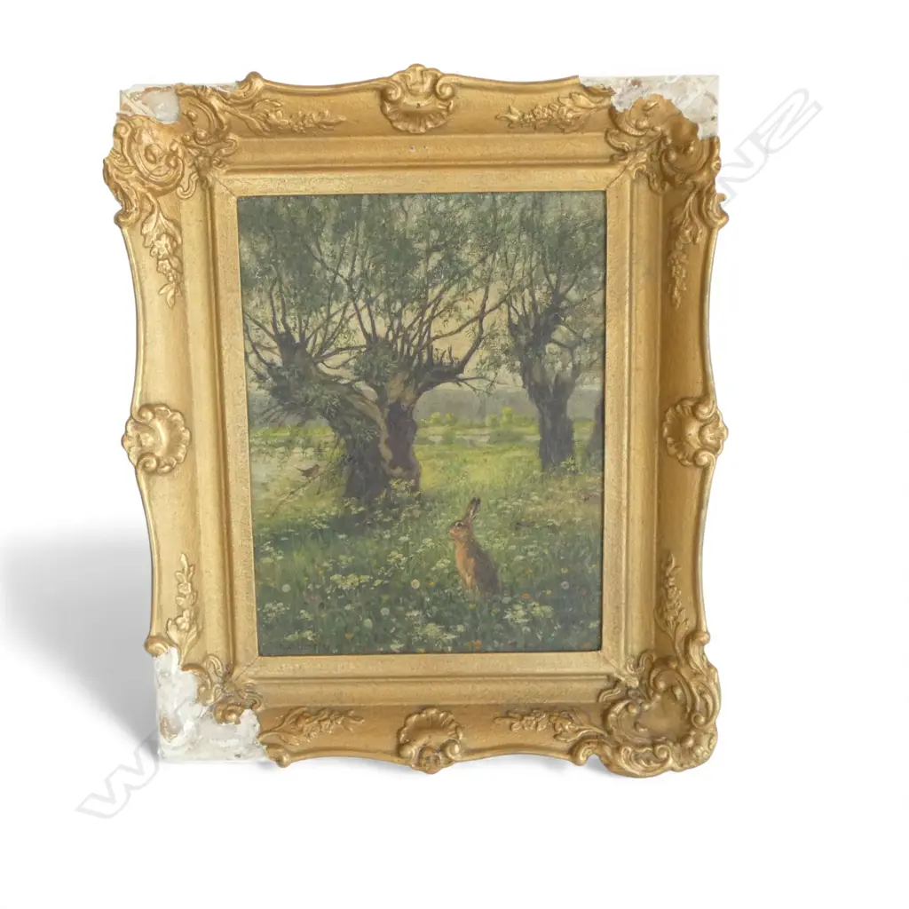 ALFRED WECZERZICK (GERMAN 1864-1952), MEADOW LANDSCAPE w. TREES & RABBIT, OIL ON BOARD 425x325mm FRAME AF Image 1++