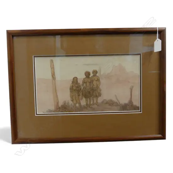 FRAMED GRAPHITE & WATERCOLOUR WORK ON PAPER DEPICTING 3 PAPUAN WOMEN 160x300mm