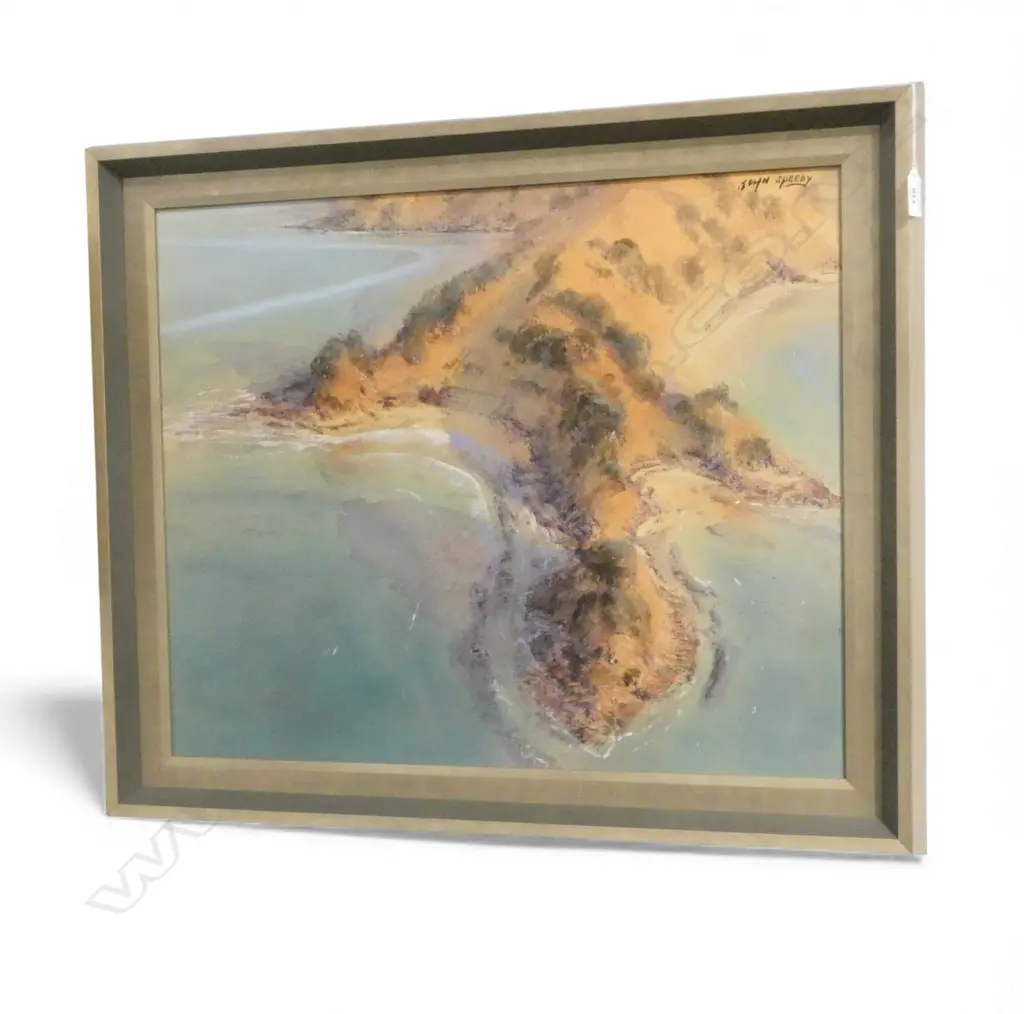 JOHN SPEEDY 'GULF ISLAND IN THE LATE AFTERNOOON SUN' OIL ON BOARD 1994 495x600mm Image 1++
