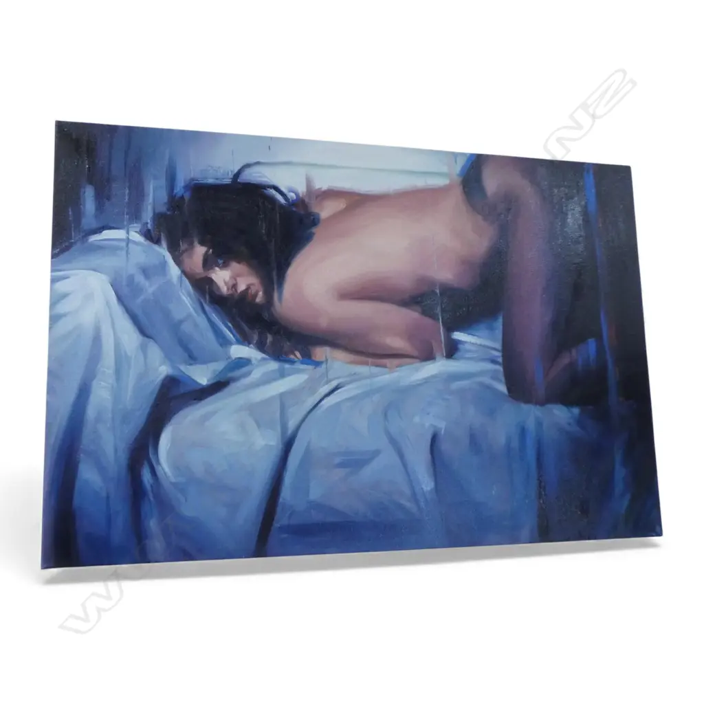 INDISTINCTLY SIGNED, FIGURE STUDY on bed ACRYLIC ON CANVAS, 605x910mm. some paint marks. Image 1++