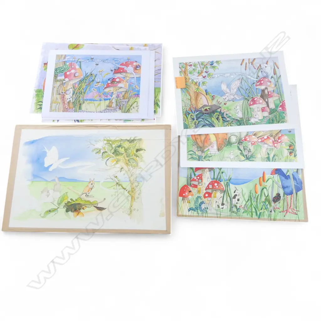 CAROLYN MCCONDACH, THREE WOOLAND THEMED WATERCOLOURS AND SIX COLOUR PRINTS - ALL UNFRAMED 335 X 465MM Image 1++