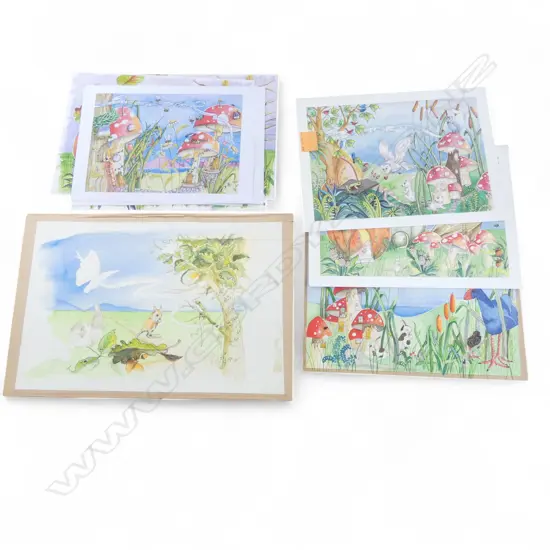 CAROLYN MCCONDACH, THREE WOOLAND THEMED WATERCOLOURS AND SIX COLOUR PRINTS - ALL UNFRAMED 335 X 465MM