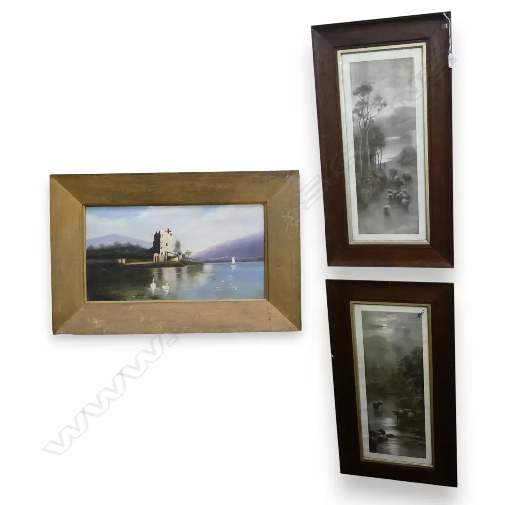 3 ARTWORKS IN OAK FRAMES; PR PRINTS + LAKE SCENE OIL ON CANVAS 230x430mm Image 1++