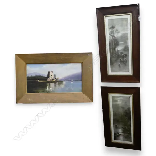 3 ARTWORKS IN OAK FRAMES; PR PRINTS + LAKE SCENE OIL ON CANVAS 230x430mm