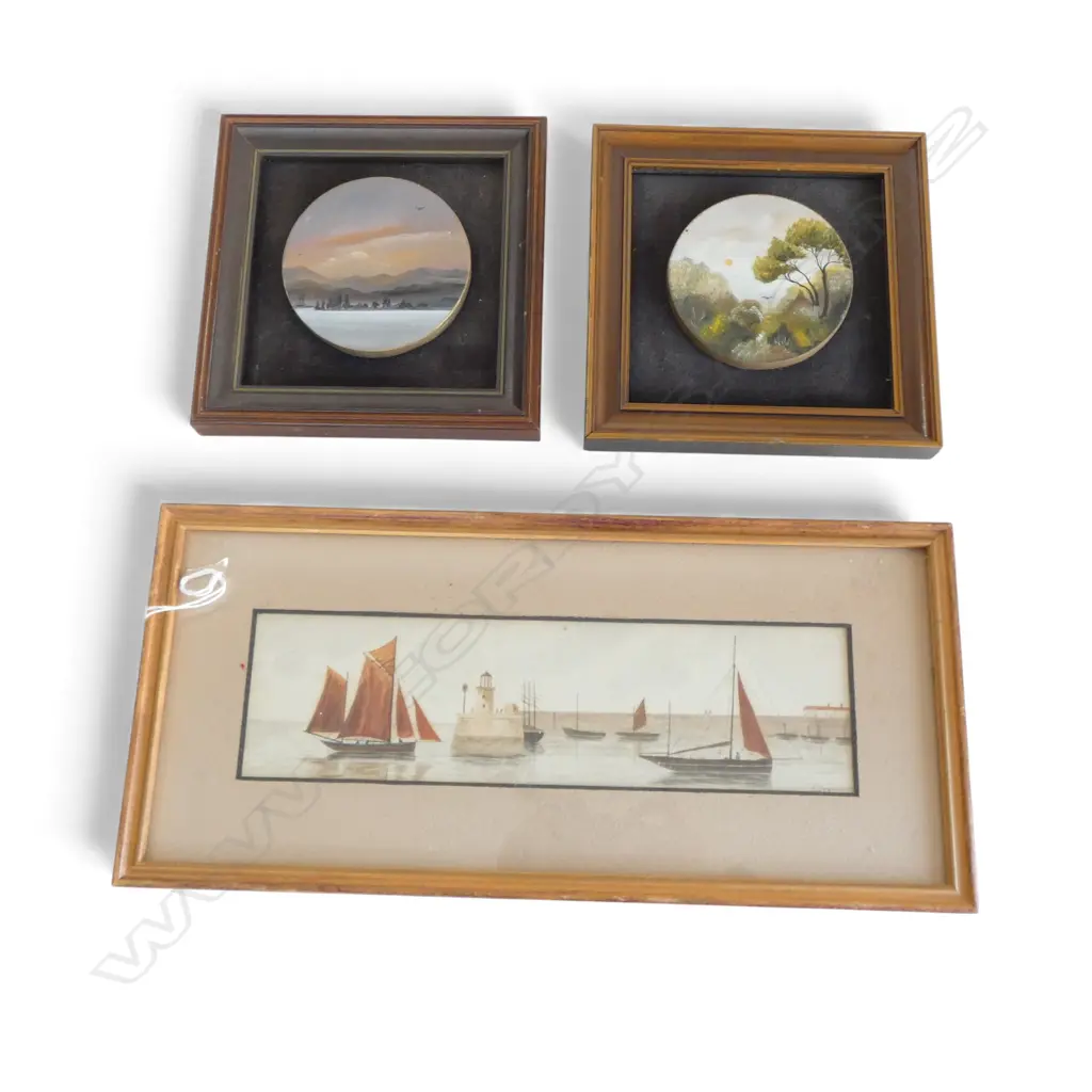 PR FRAMED SMALL SCENIC OILS BY SUZANNE MCINNIS & W/C BOATS SIGNED E CRANSWICK H75 L260MM Image 1++