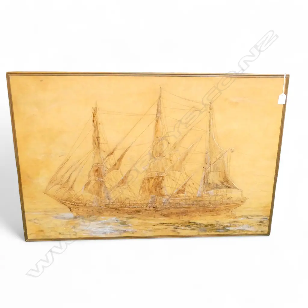 LEATHER ARTWORK OF 3 MASTED STEEL BARQUE SAILING SHIP STATSRAAD LEAMKUHL SIGNED A WILLIAM B.... 1978 CHCH NZ 590x910mm Image 1++