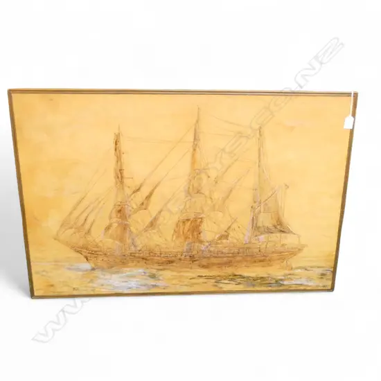 LEATHER ARTWORK OF 3 MASTED STEEL BARQUE SAILING SHIP STATSRAAD LEAMKUHL SIGNED A WILLIAM B.... 1978 CHCH NZ 590x910mm