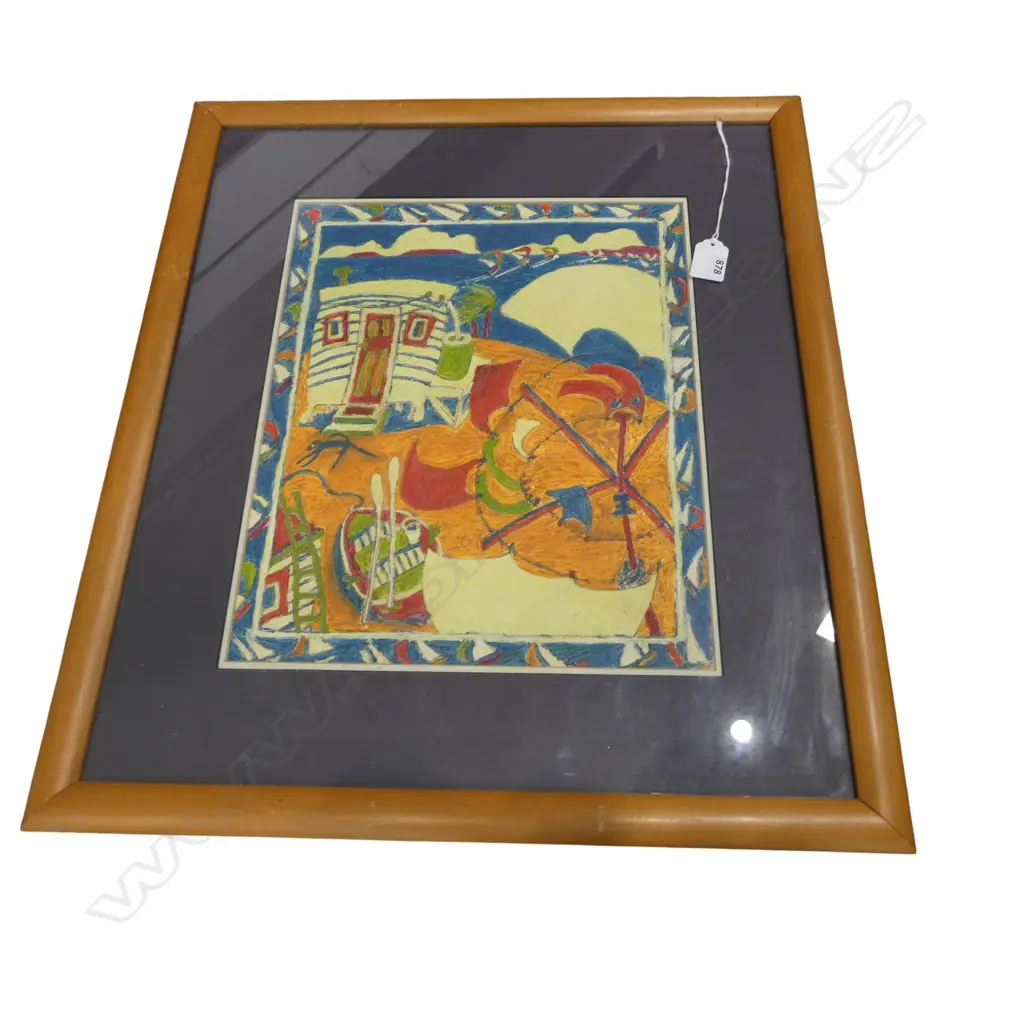 JOHANNA WARD, WAIHEKE LANDSCAPE w. SHED & CLOTHES LINE, OIL ON PAPER 355x290mm C.1990 Image 1++