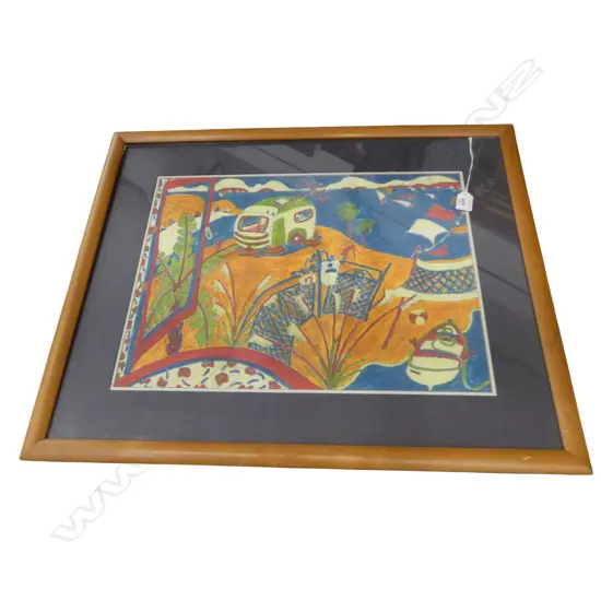 JOHANNA WARD, WAIHEKE LANDSCAPE w. CARAVAN, OIL ON PAPER 365x500mm C.1990