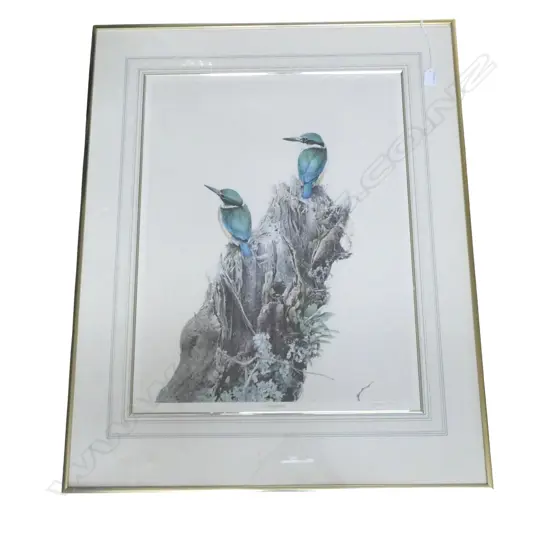 RAYMOND CHING 'KINGFISHERS' PRINT 657/850 660x510mm FOXING crack through glass not in photo