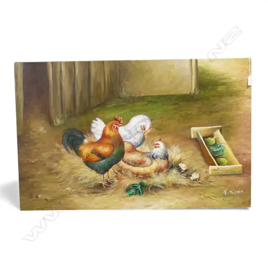 H. KING, CHICKENS, ACRYLIC ON CANVAS 550x860mm