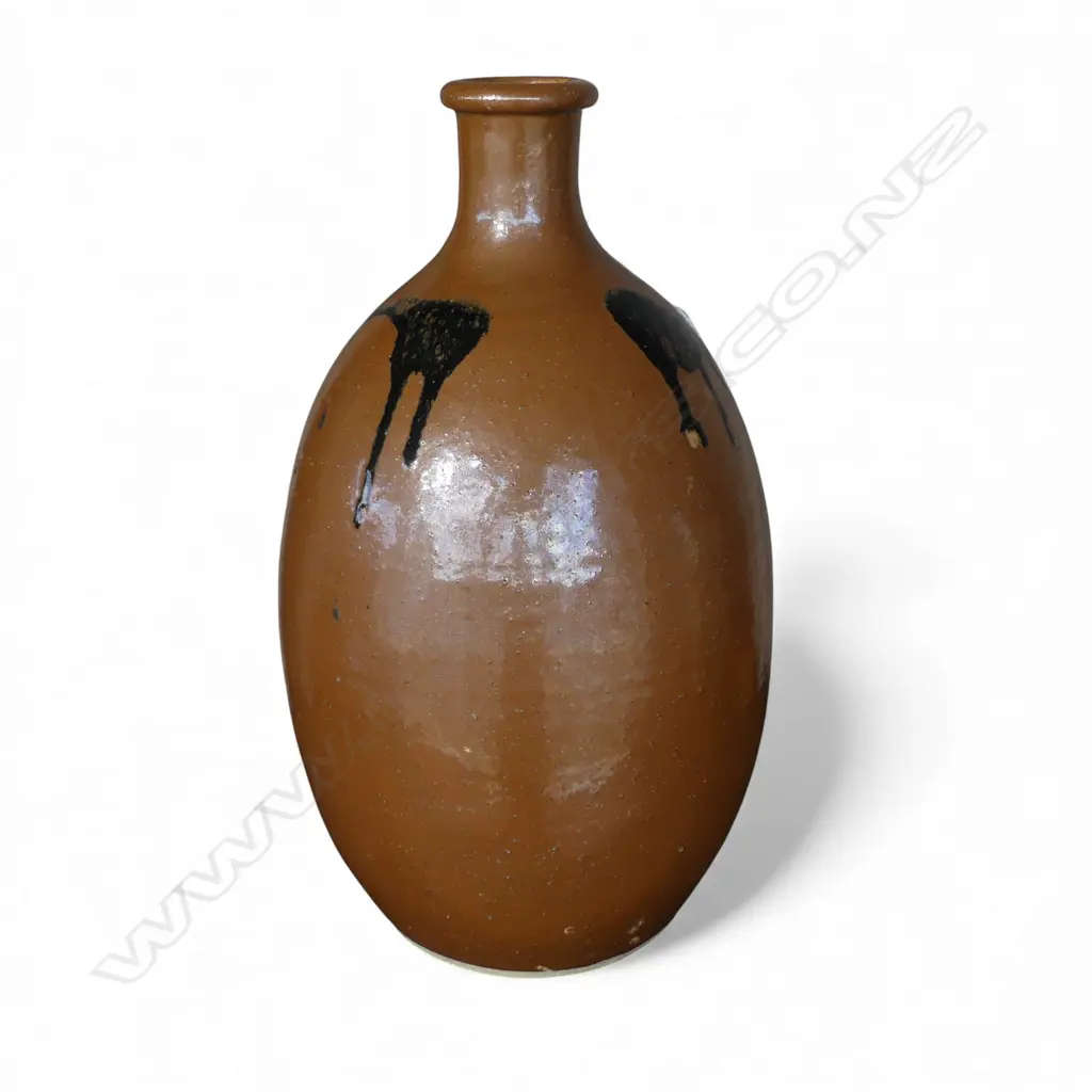SALT GLAZE 19TH C SAKE FLASK OLD TAR REPAIR TO CRACK H365 Image 1++
