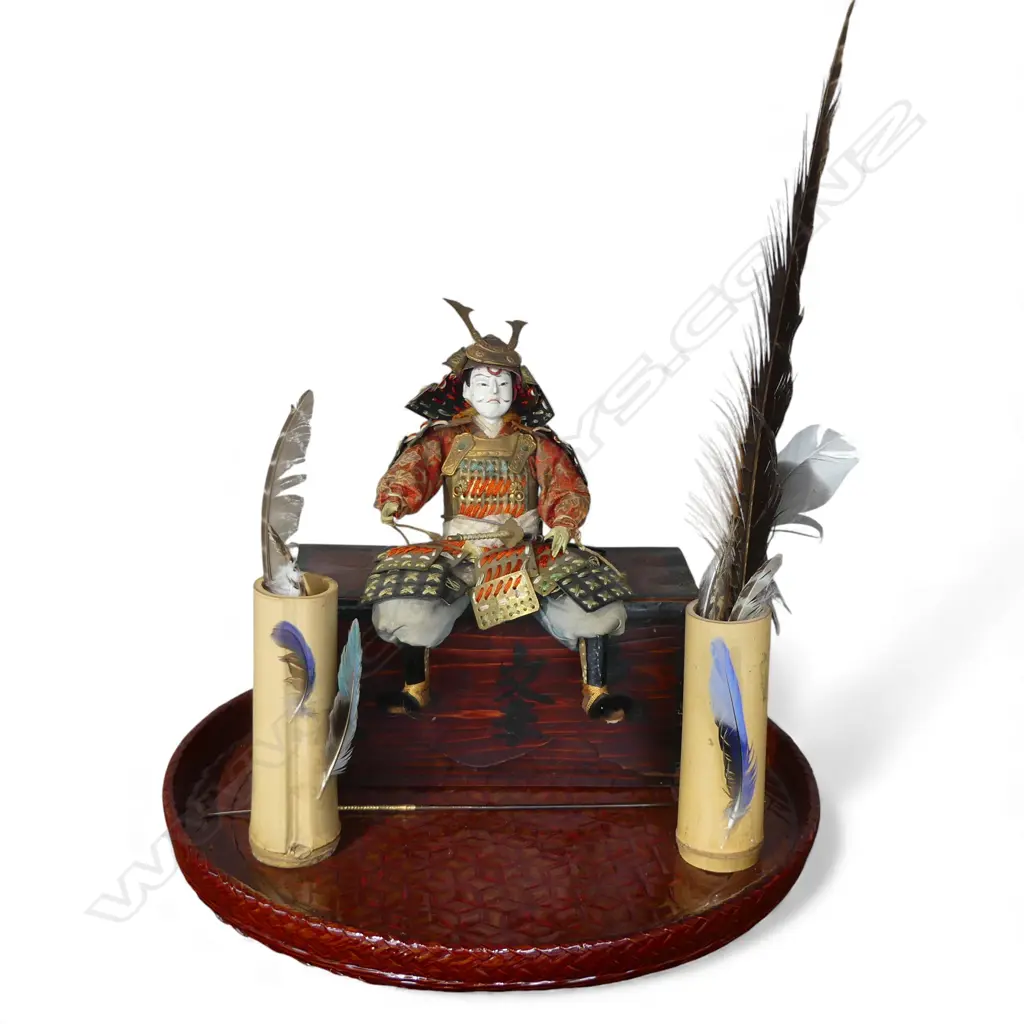 SAMURAI DOLL GLASS EYES W/ YOROI, YARI & KATANA ON A BOX H.313mm Image 1++