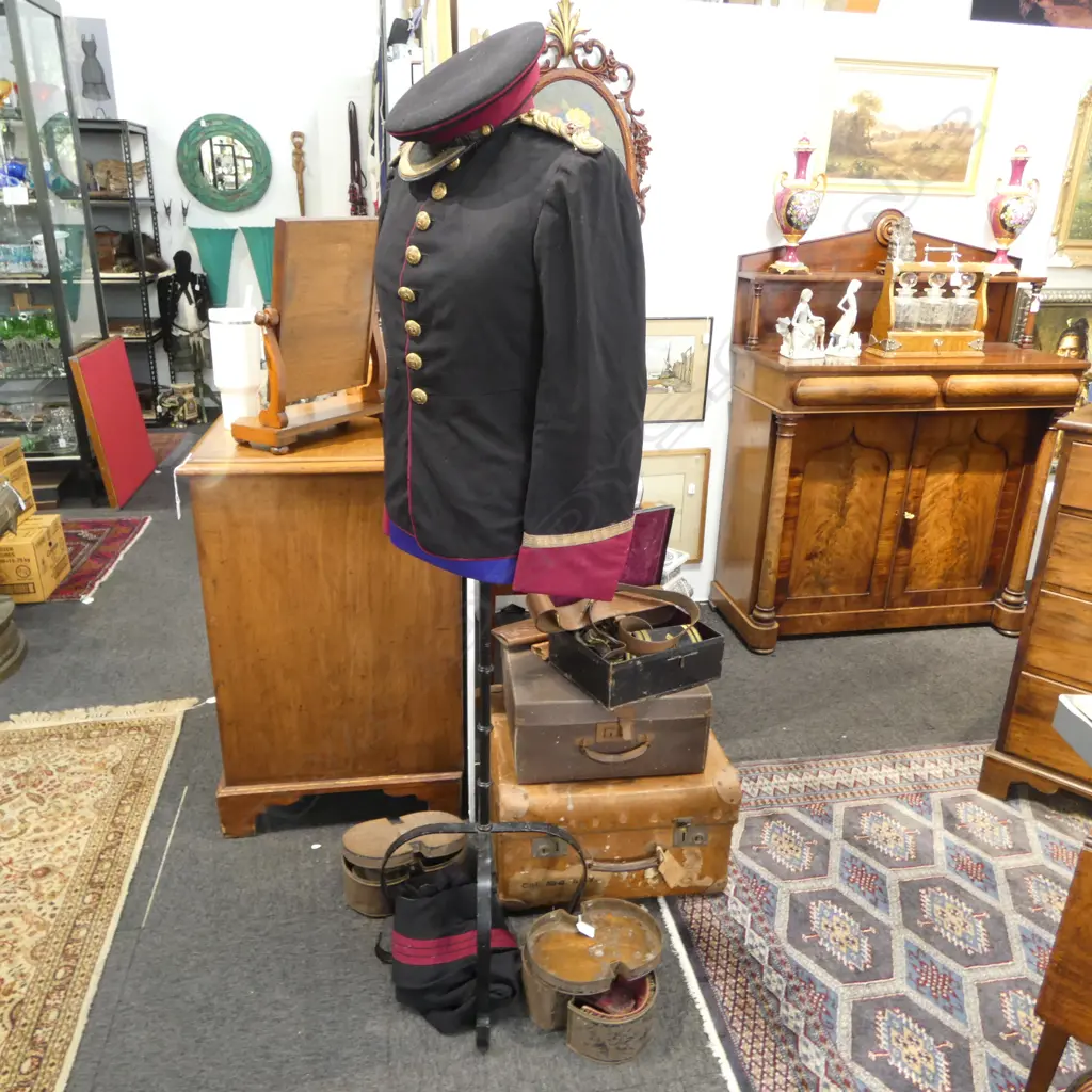 WWI MILITARY DRESS UNIFORM (ROYAL ARMY MEDICAL CORPS) JACKET/TROUSERS, 3 PRS EPAULETTES, CAP, ASST. BELTS  & 2 SUIT CASE Image 1++