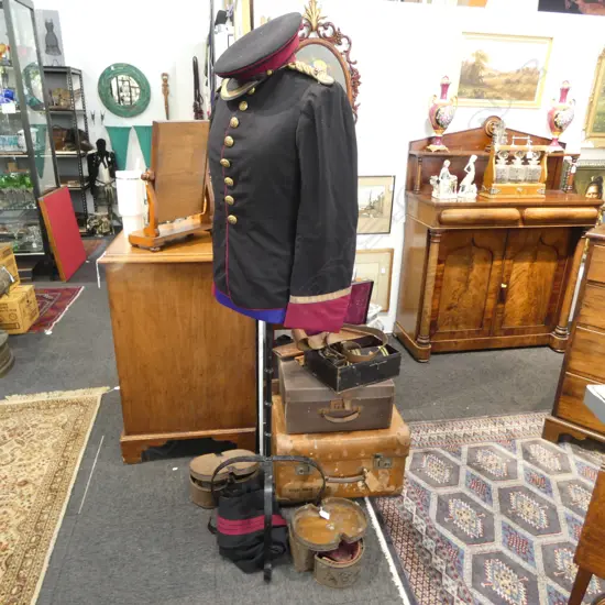 WWI MILITARY DRESS UNIFORM (ROYAL ARMY MEDICAL CORPS) JACKET/TROUSERS, 3 PRS EPAULETTES, CAP, ASST. BELTS  & 2 SUIT CASE