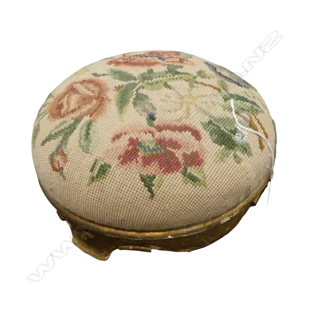 NEEDLEWORK FOOTSTOOL 280mm dia w. HARRODS STICKER VERSO Image 1++