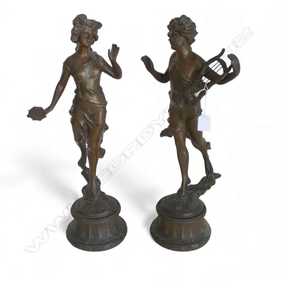 PR BRONZED SPELTER FIGURES tambourine and lute dancers H.530mm