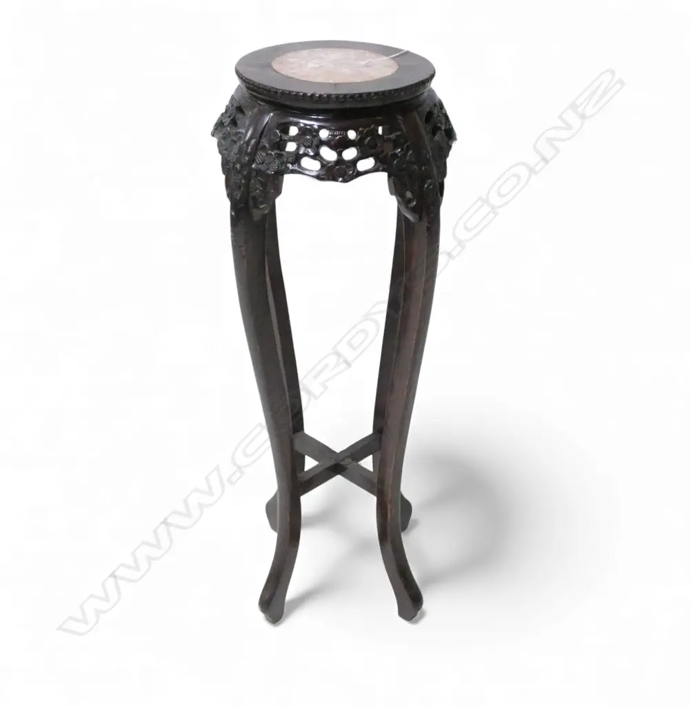 JAPANESE CARVED WOOD & MARBLE PLANT STAND H900MM Image 1++
