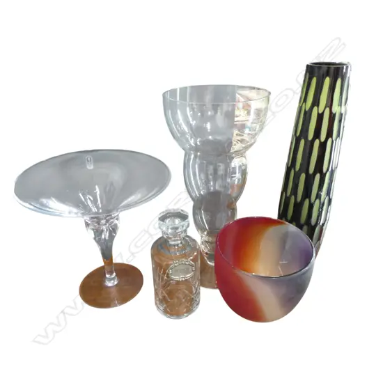 4 ART GLASS VASES H.495mm + CRYSTAL DECANTER w. SCOTCH BOTTLE LABEL