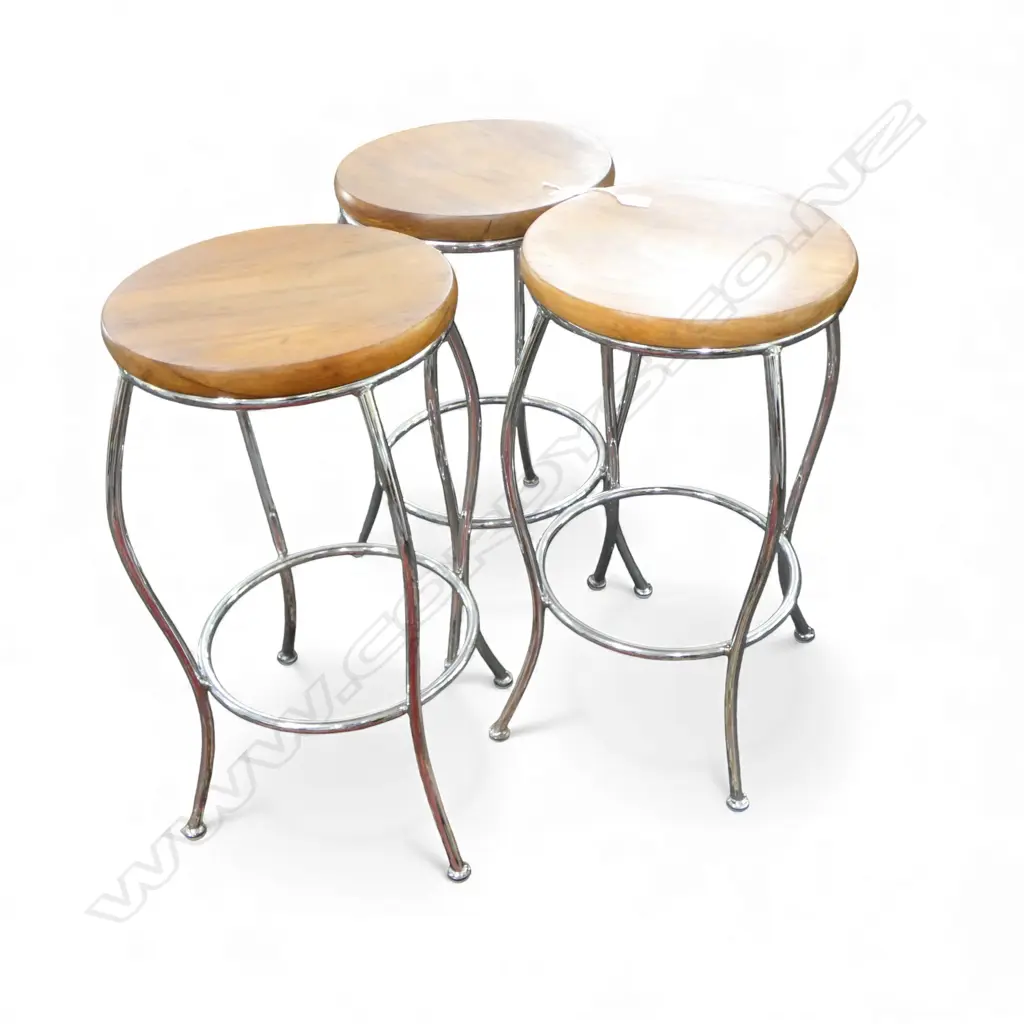 3 CROME & WOOD SEATED BAR STOOLS H650MM Image 1++